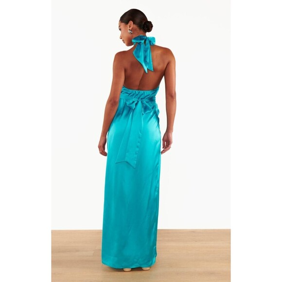 New! Show me your MuMu -Adele Halter Turquoise Maxi Dress - Teal Luxe Satin XXL - Picture 2 of 9